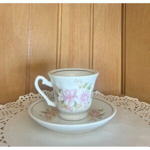 Vintage Celia Porcelain Teacup Saucer Small Demitasse Pink Floral Rose Gold Trim